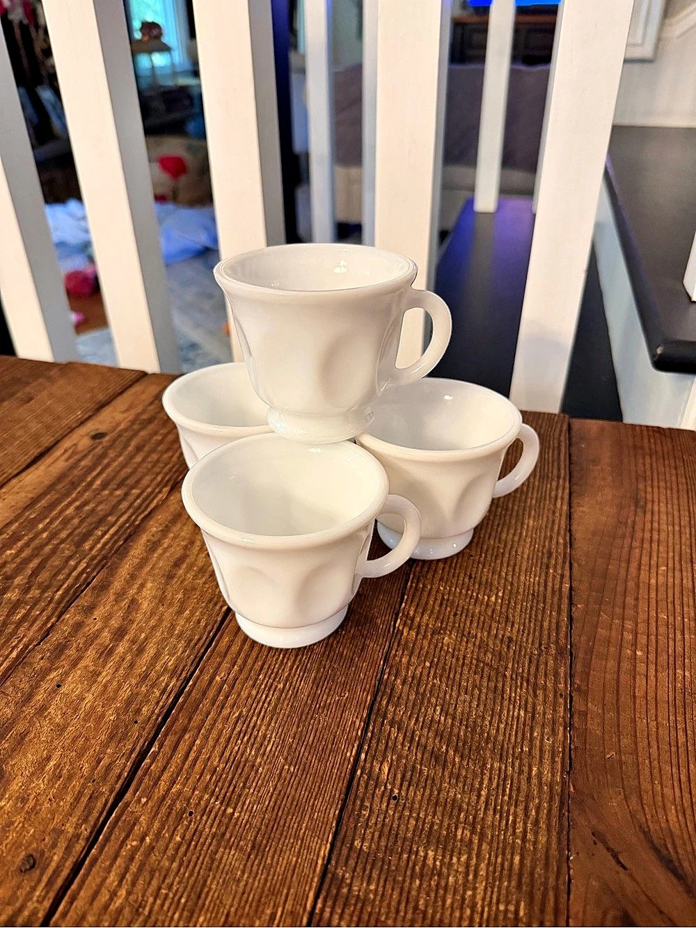 Set of (4) vintage Hazel-Atlas white milk glass thumbprint cups
